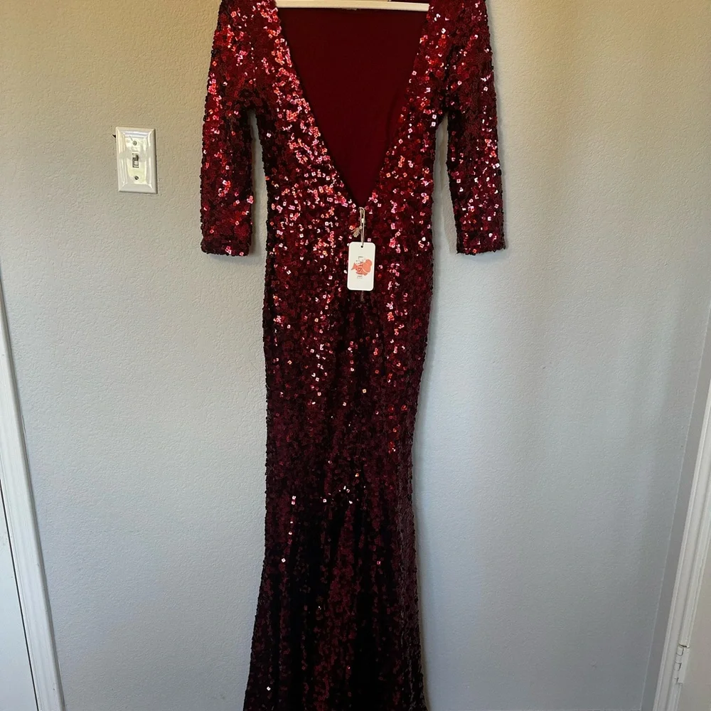 NWT Red Long Mermaid Sequin Dress with Open Back - Picture 3 of 5